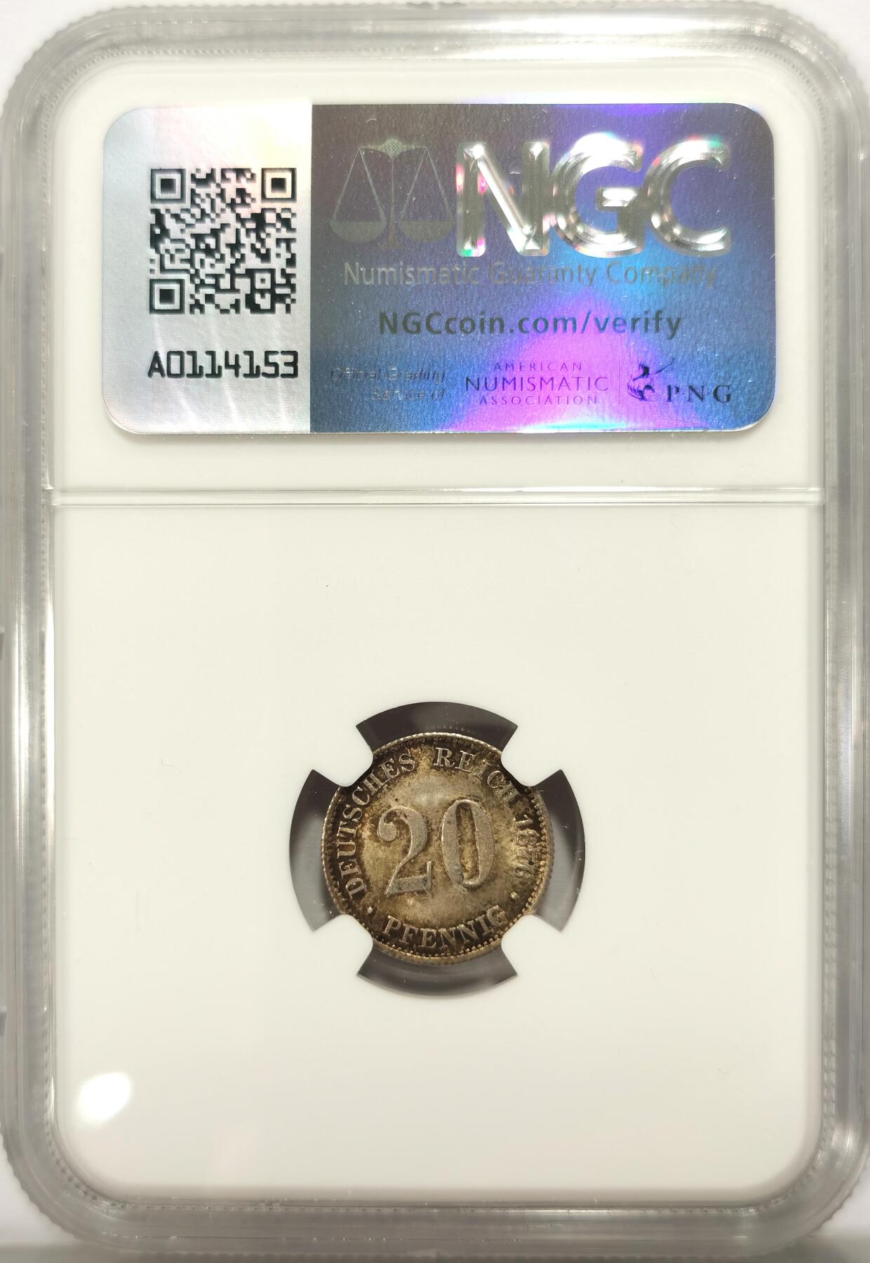 博洋堂德系小专场暨第132期（全场包邮） NGC MS65 冠军分！德国1876年E版短翅鹰20芬尼银币