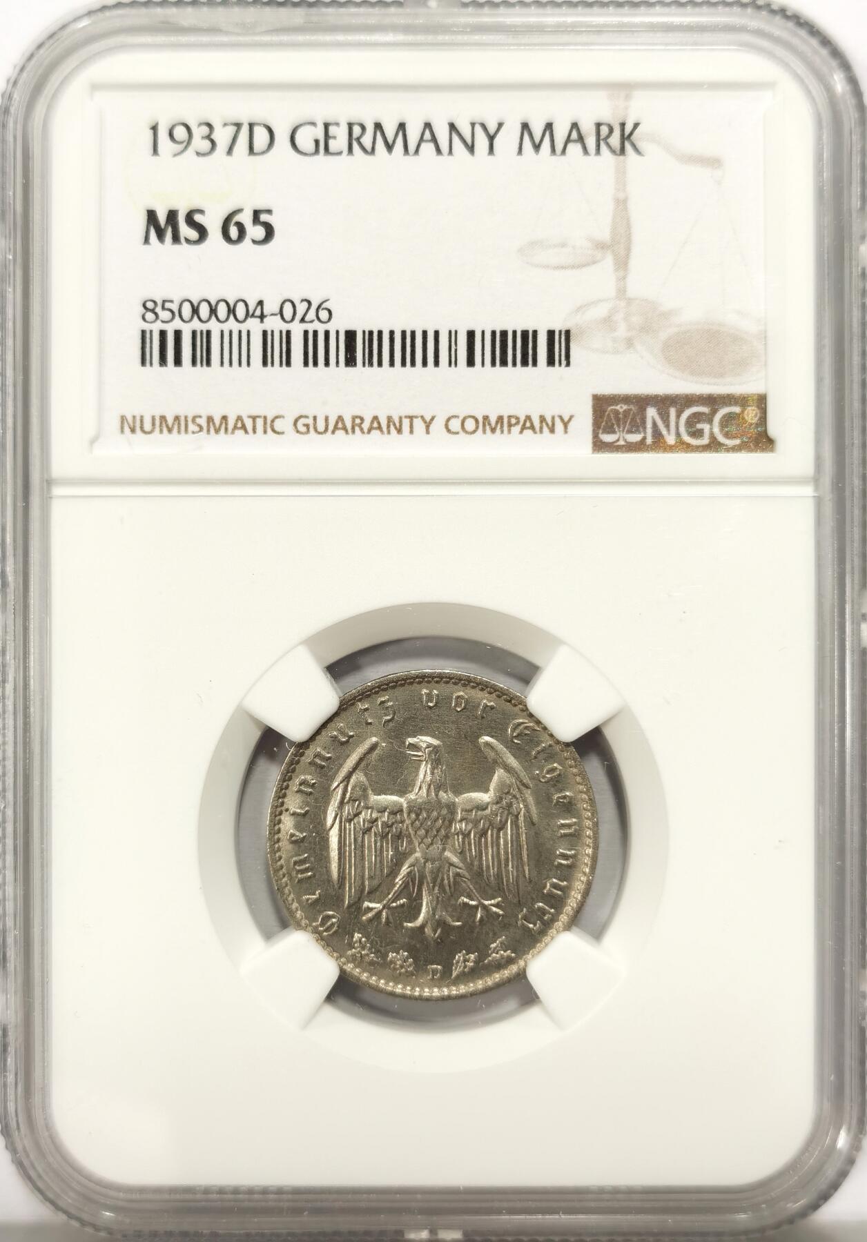 博洋堂德系小专场暨第132期（全场包邮） NGC MS65 冠军分！德国第三帝国1937年D版1马克镍币