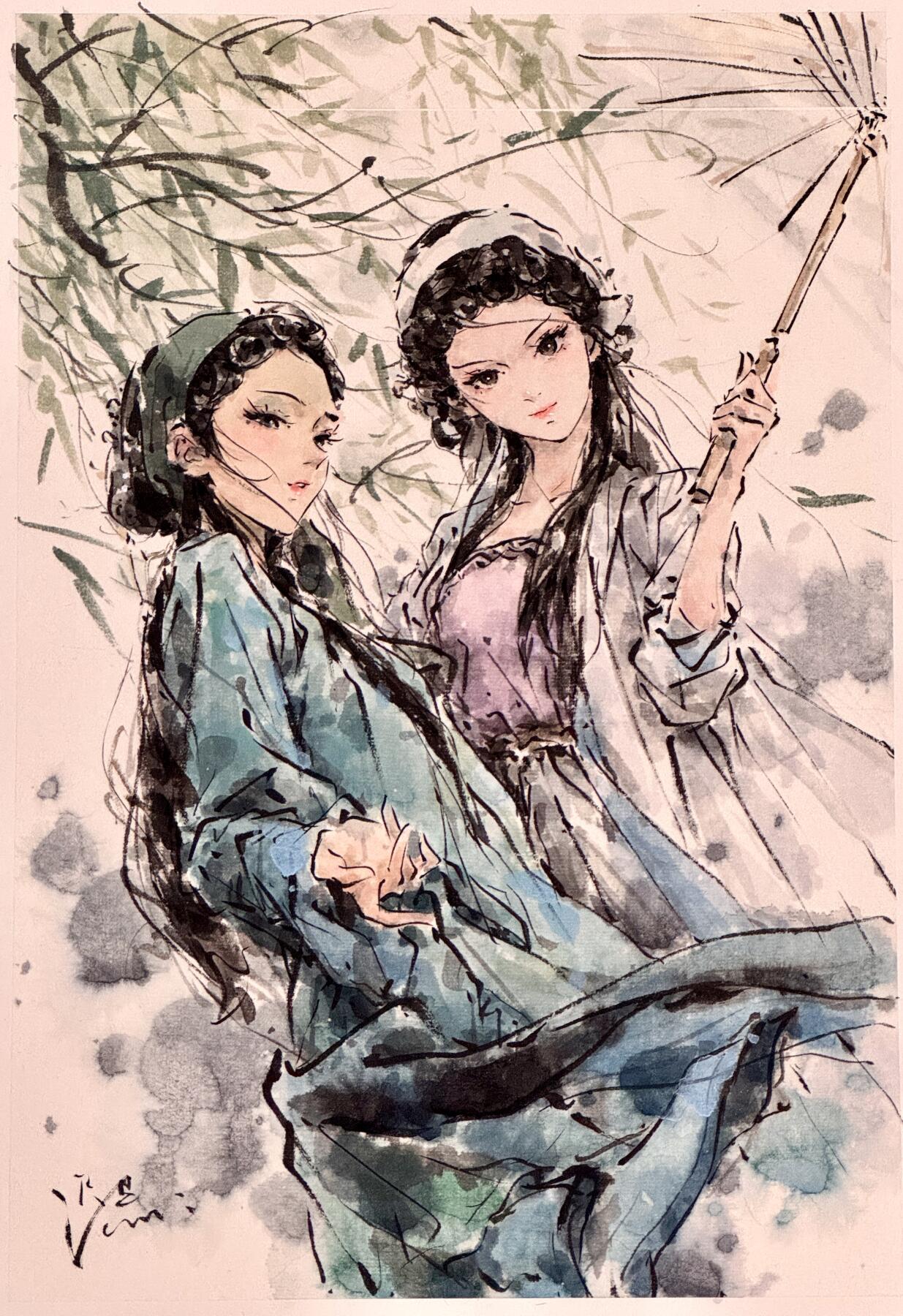 白泽拍卖卡牌手绘专场第21期（七月将残暑未收， 晚凉庭院独登楼） 2025 迟迟手绘画 青白娘子 尺寸：25cm*36cm
