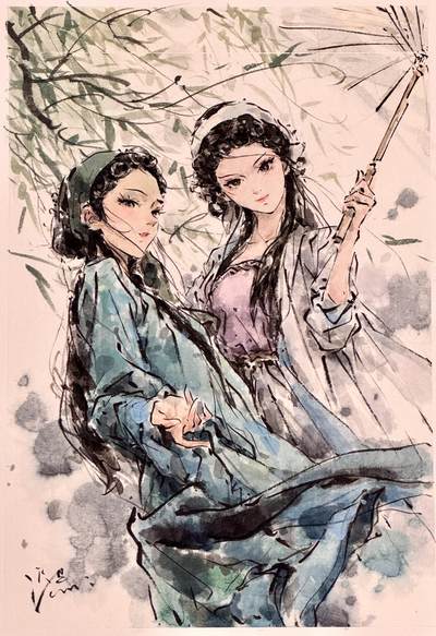 白泽拍卖卡牌手绘专场第21期（七月将残暑未收， 晚凉庭院独登楼） - 2025 迟迟手绘画 青白娘子 尺寸：25cm*36cm