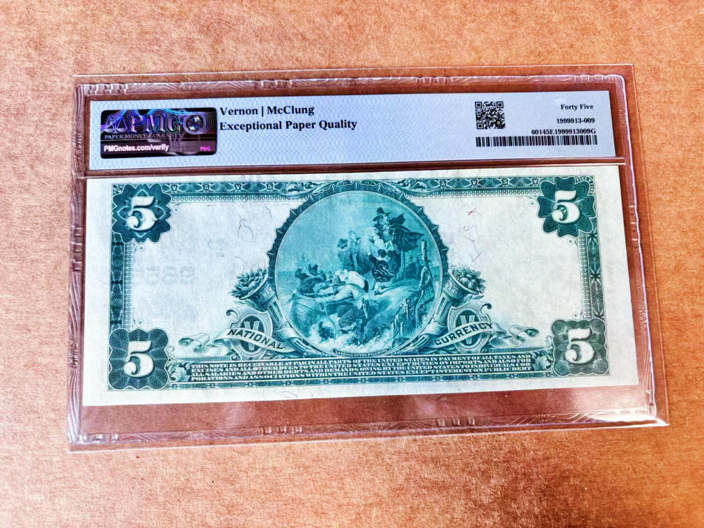 【Blue Auction】世界纸币精拍第699期【精】——18级TOP拍卖/信誉/品质/专业/高效💫 美国1902年5美金 加利福利亚州国家银行 大胡子本杰明·哈里森 背面经典油画《Landing of the Pilgrims》（朝圣者登陆） PMG45EPQ 雕刻精细 原票