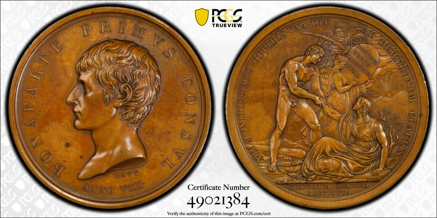 博洋堂德系小专场暨第132期（全场包邮） PCGS SP63 拿破仑重建山南共和国52mm巨大铜章冠军分！1800年原铸！山南共和国的5法郎现在老贵了，不过这款的银章可比那个5法郎还贵的多！背面英雄赫拉克勒斯拯救山南女神经典构图！