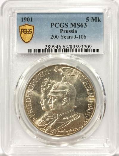 博洋堂德系小专场暨第132期（全场包邮） - PCGS MS63 德国普鲁士1901年建国200周年5马克银币，粉光低评了。