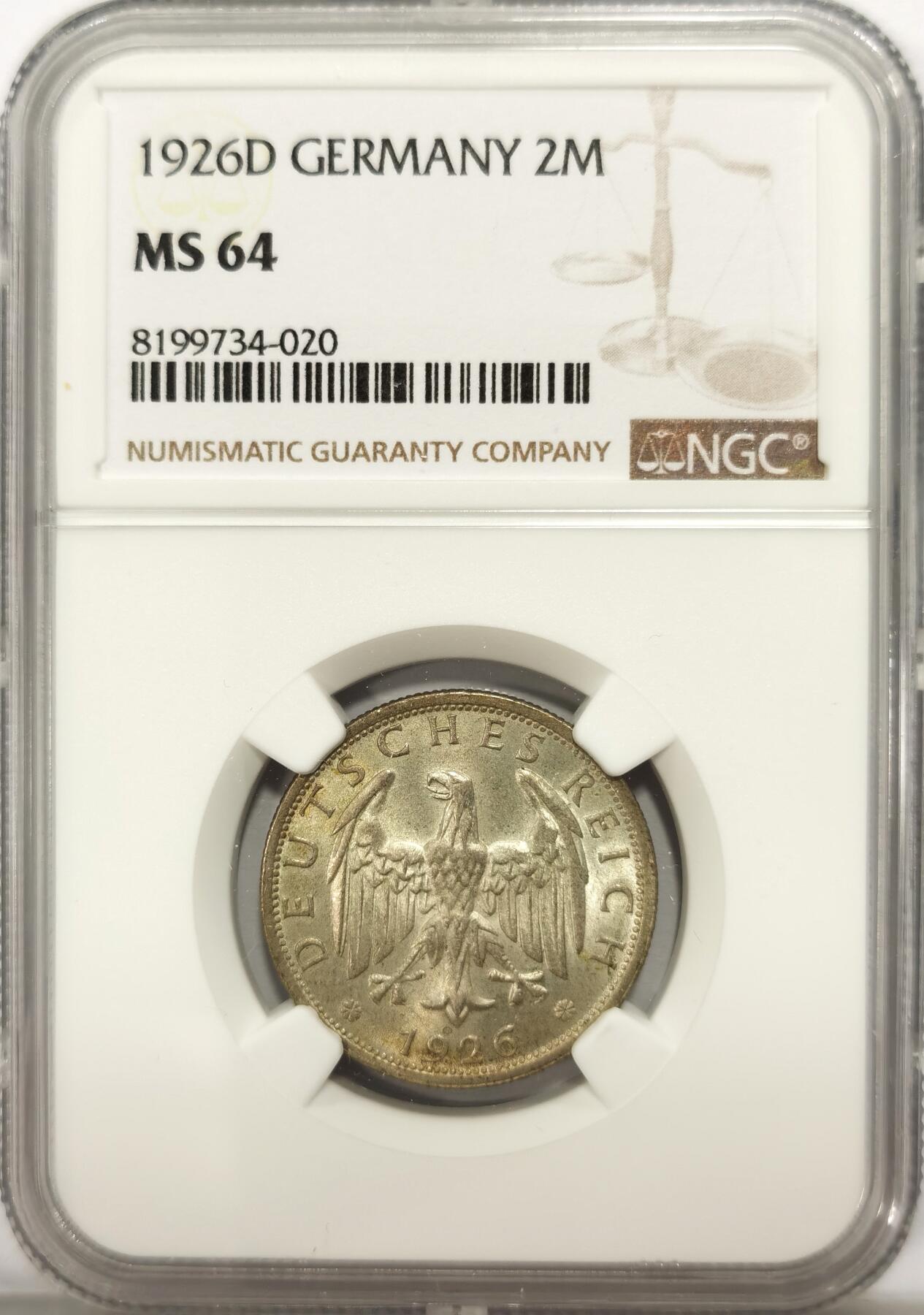 博洋堂德系小专场暨第132期（全场包邮） NGC MS64 德国魏玛共和国1926年2马克银币