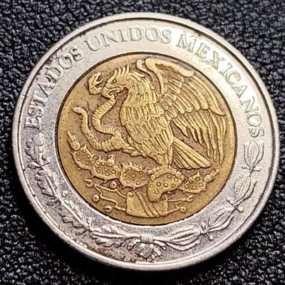 泉币菌-第61场-各国老币铜币场 - 墨西哥1比索 双色币 鹰蛇图案 玛雅文化