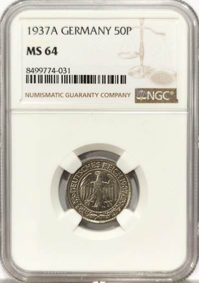博洋堂德系小专场暨第132期（全场包邮） - NGC MS64 德国魏玛共和国1937年50芬尼镍币