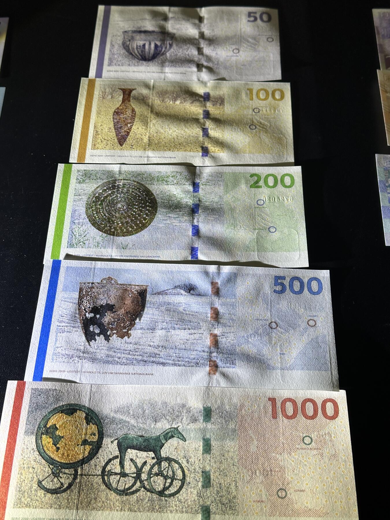 《外钞收藏家》第五百五十期（本期精选优质评级和丰富的裸币套币）（长期征集拍品、欢迎藏友们联系送拍合作） 丹麦桥版50-1000克朗 五张一起 全新UNC