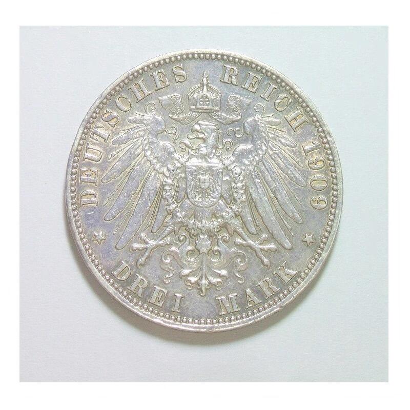 【银】德国萨克森1909年 奥古斯特三世3马克银币 爽品 