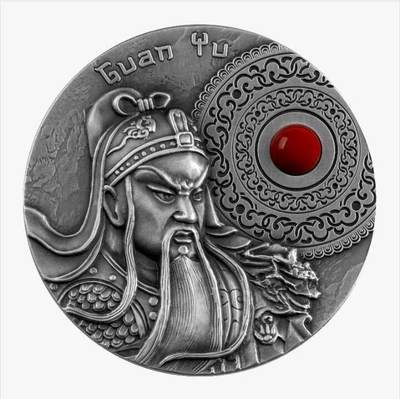 第167期拍卖【长期征集拍品】 -  纽埃2021, 中国龙虎将(1)-(战神)关羽, 2盎司超高浮雕仿古镶嵌珊瑚红玉银币. 盒证全. 龙头币(系列第一枚),中国元素.(原价320美元)