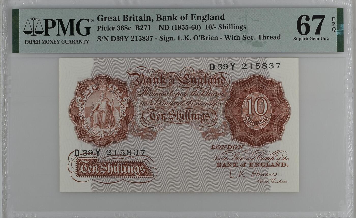 2025七月第三期（总185期） 英格兰A序列O'Brien签名10先令PMG67epq冠军分，战后末签