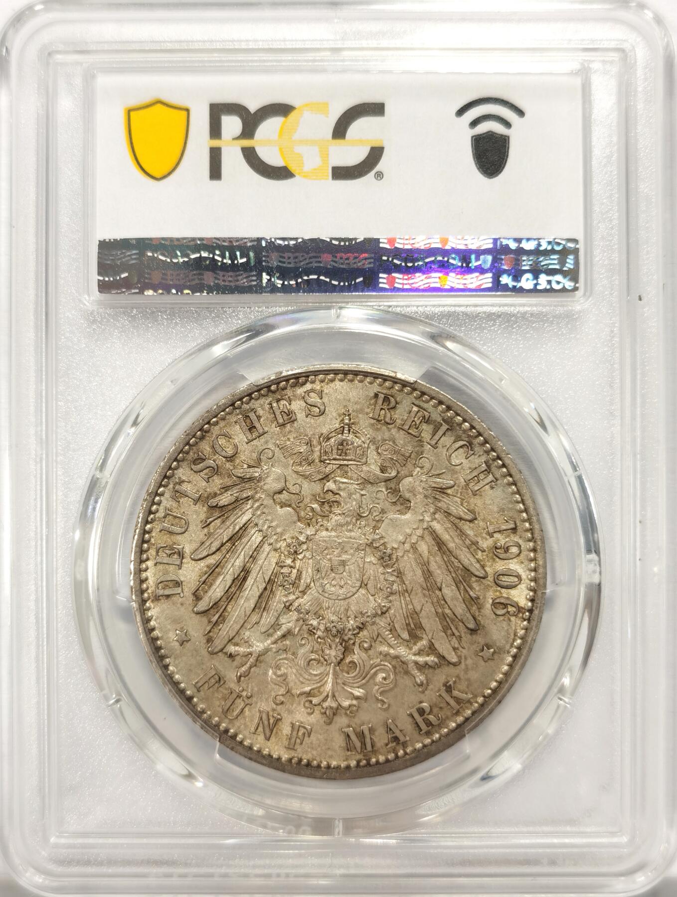 博洋堂德系小专场暨第132期（全场包邮） PCGS MS64 德国巴登1906年弗里德里希大公金婚5马克银币，淡金包浆，状态极好！
