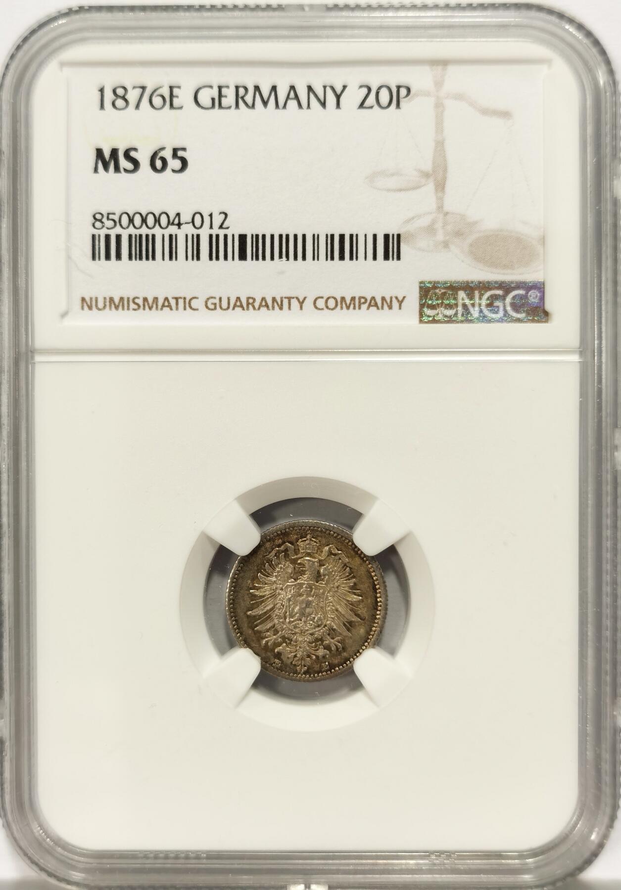 博洋堂德系小专场暨第132期（全场包邮） NGC MS65 冠军分！德国1876年E版短翅鹰20芬尼银币