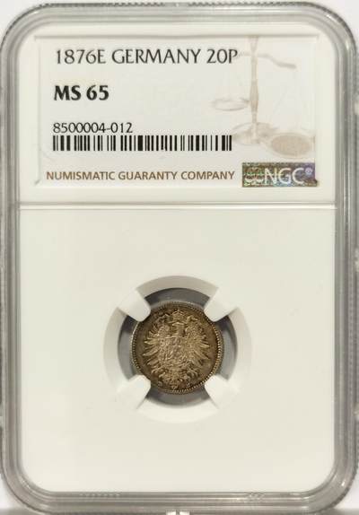 博洋堂德系小专场暨第132期（全场包邮） - NGC MS65 冠军分！德国1876年E版短翅鹰20芬尼银币