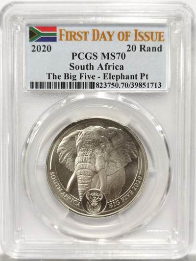 博洋堂德系小专场暨第132期（全场包邮） - PCGS MS70 满分首日标南非20兰德非洲五霸大象铂金币一盎司主币！外国币首日标极其稀少！溢价极高！国内熊猫币首日标都要贵同分无标一千左右！铂金这一个月上涨50%，由于加工困难，最便宜的老凤祥报价470一克，贵的周大福报价581！材料价就快一万五了！