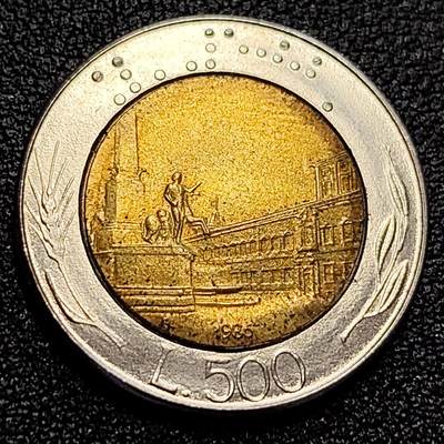 泉币菌-第61场-各国散币场 - 世界首枚双色币 意大利1985年500里拉 罗马建筑雕像 广场 25.8mm