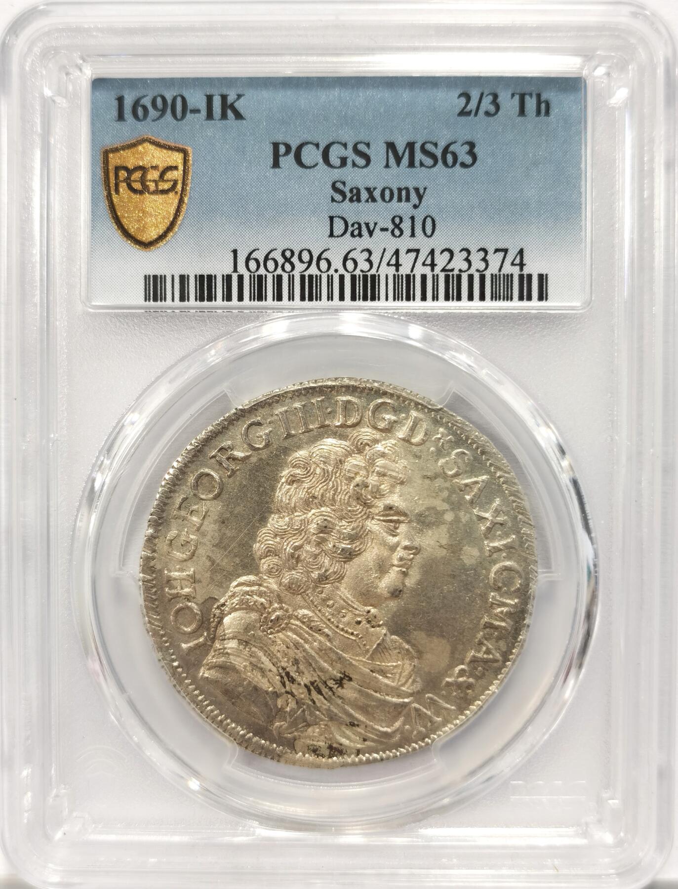 博洋堂德系小专场暨第132期（全场包邮） PCGS MS63 神圣罗马萨克森1690年约尔格大公2/3老泰勒银币，罕见的品种，三百多年保存状态极佳，PCGS评级榜冠军分！