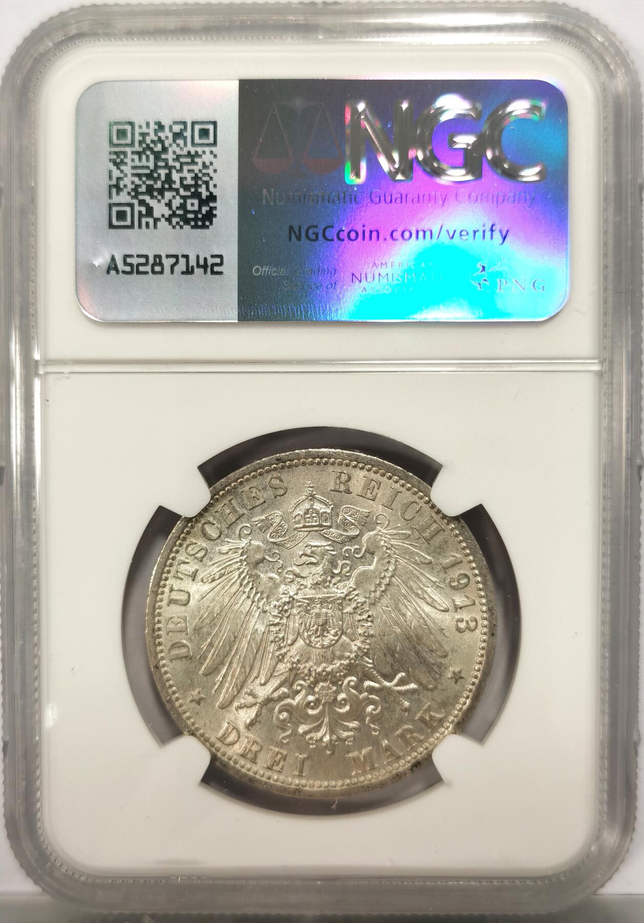 博洋堂德系小专场暨第132期（全场包邮） NGC MS63 德国普鲁士1913年威廉二世花枝3马克银币 光感强