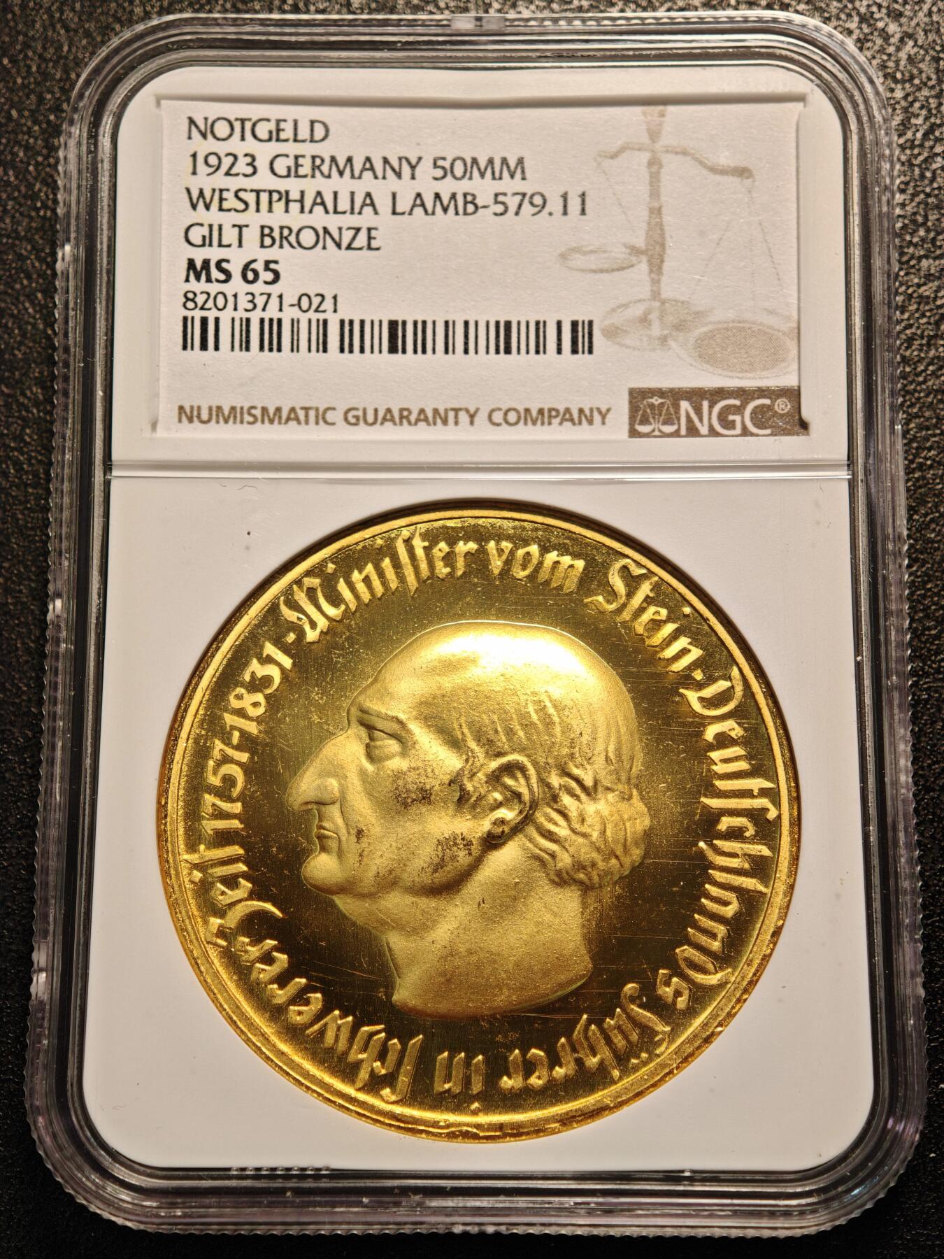 【德藏】世界币章拍卖第139期（拍品征集中~欢迎藏友联系） 1923年 德国德紧时期威斯特法伦州5000万马克大马币镀金铜币 NGC MS65 金水十足