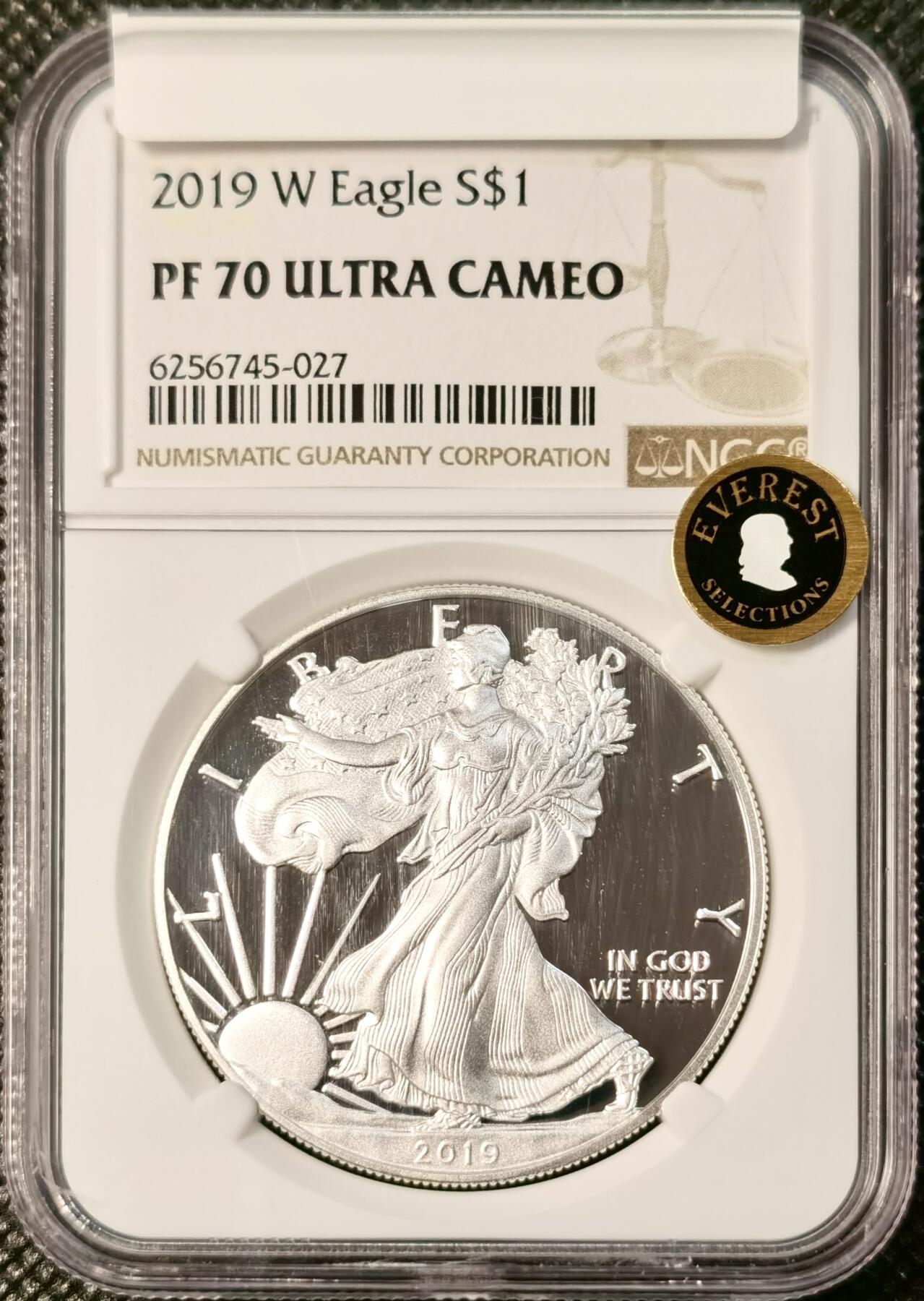  甄臻铺-世界币章拍卖（第26期），送拍享返佣金等优惠多多 NGC-PF70UC 美国2019-W 1美元美国鹰洋行走女神精制银币 W版西点厂打制 罕见满分精制版 带巅峰收藏贴纸