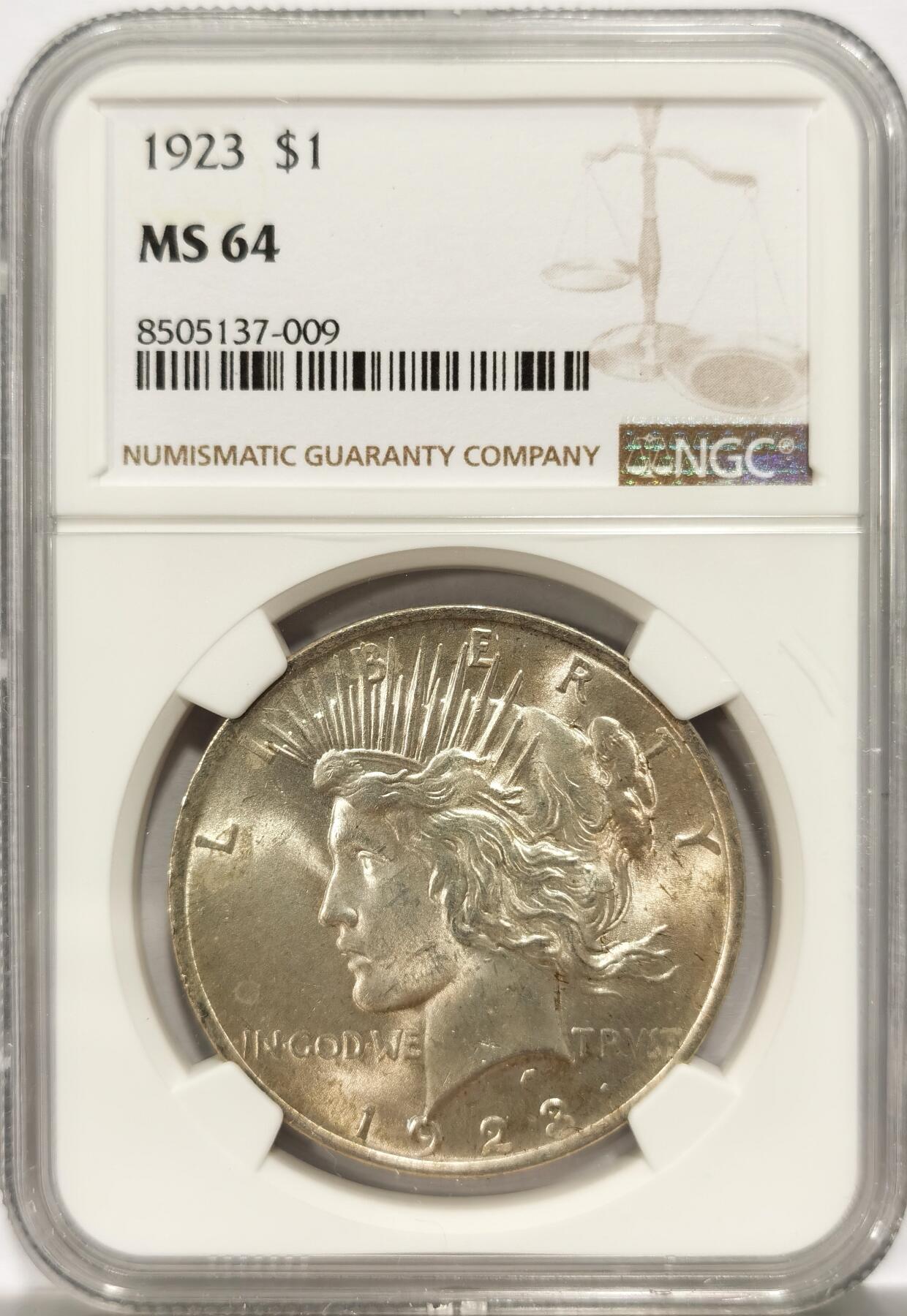 博洋堂德系小专场暨第132期（全场包邮） NGC MS64 美国1923年和平鸽1美圆 币面干净 转光明显
