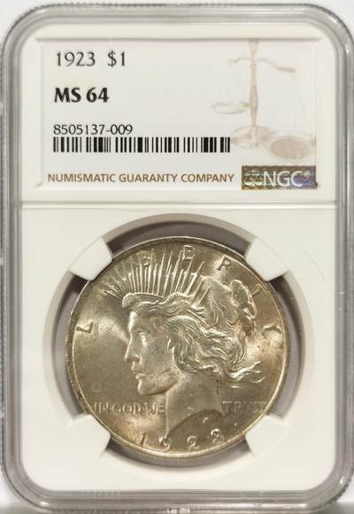 博洋堂德系小专场暨第132期（全场包邮） - NGC MS64 美国1923年和平鸽1美圆 币面干净 转光明显