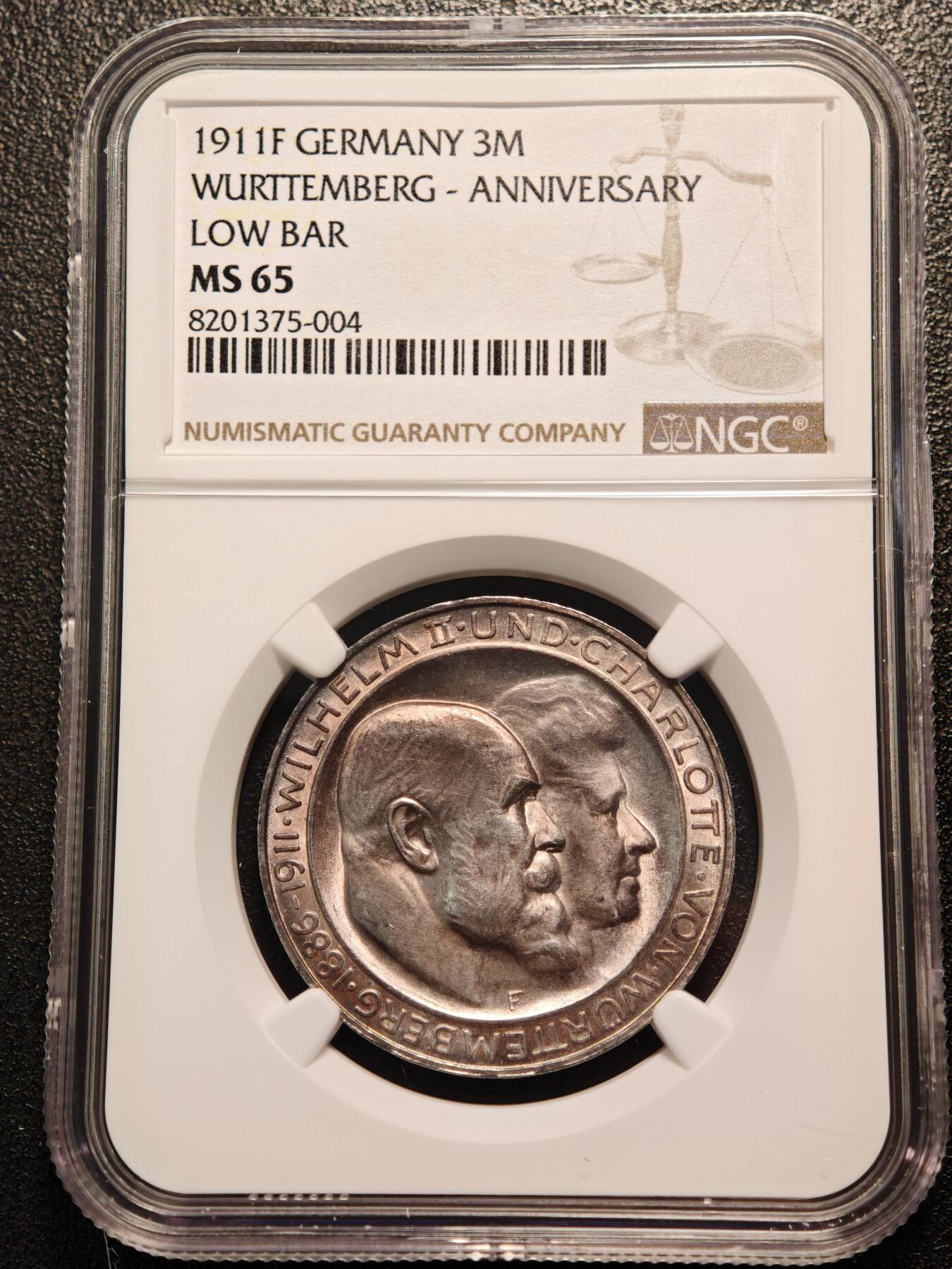 【德藏】世界币章拍卖第139期（拍品征集中~欢迎藏友联系） 1911年 德国符腾堡银婚3马克银币 NGC MS65 淡紫彩包浆 状态极佳