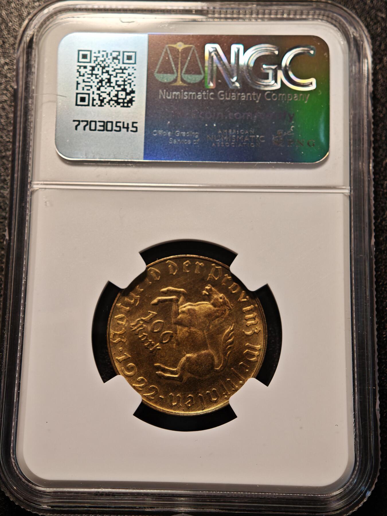 【德藏】世界币章拍卖第139期（拍品征集中~欢迎藏友联系） 1922年 德国德紧时期威斯特法伦州100马克马币铜币 NGC MS65RB 原光十足