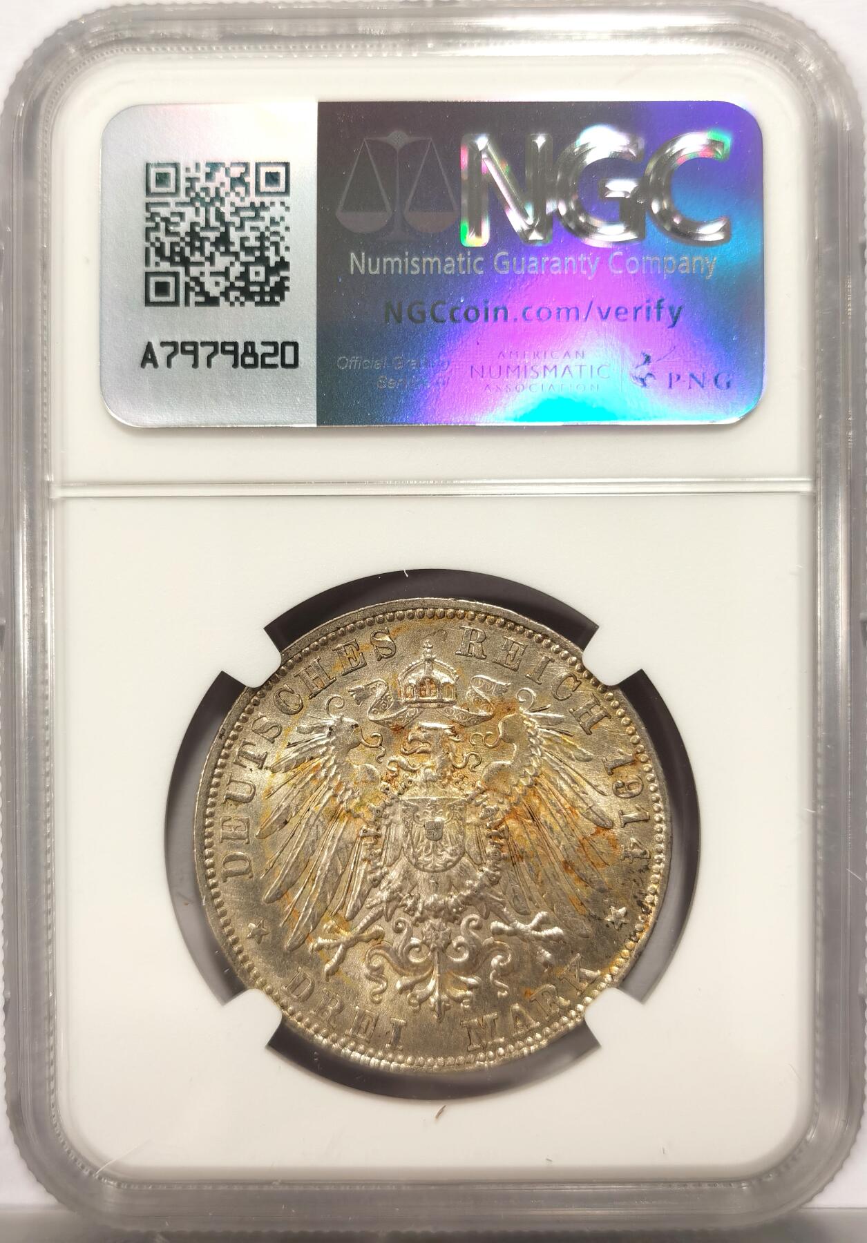 博洋堂德系小专场暨第132期（全场包邮） NGC MS62 德国巴伐利亚1914年路德维希三世3马克银币 淡彩原光