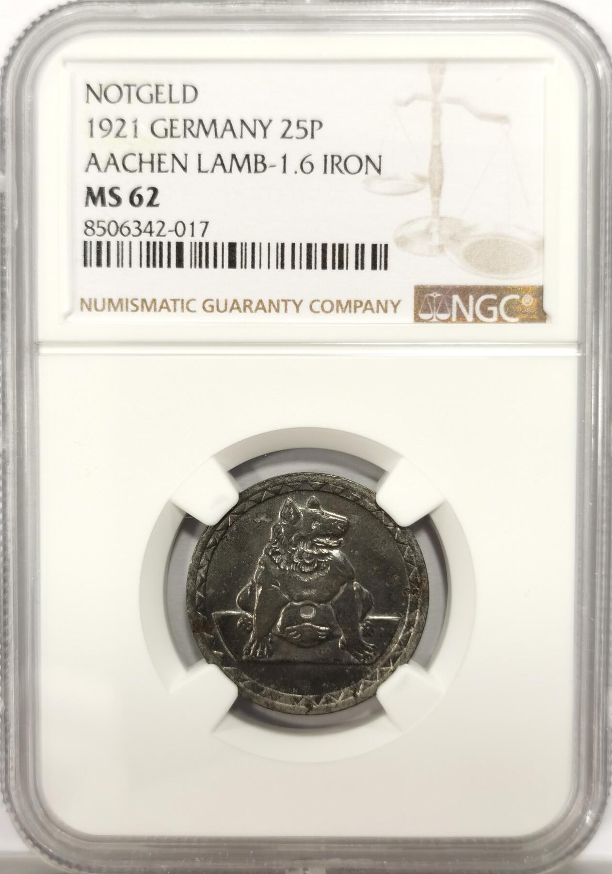博洋堂德系小专场暨第132期（全场包邮） NGC MS62 少见背逆！德紧德国亚琛1921年母熊25芬尼铁币