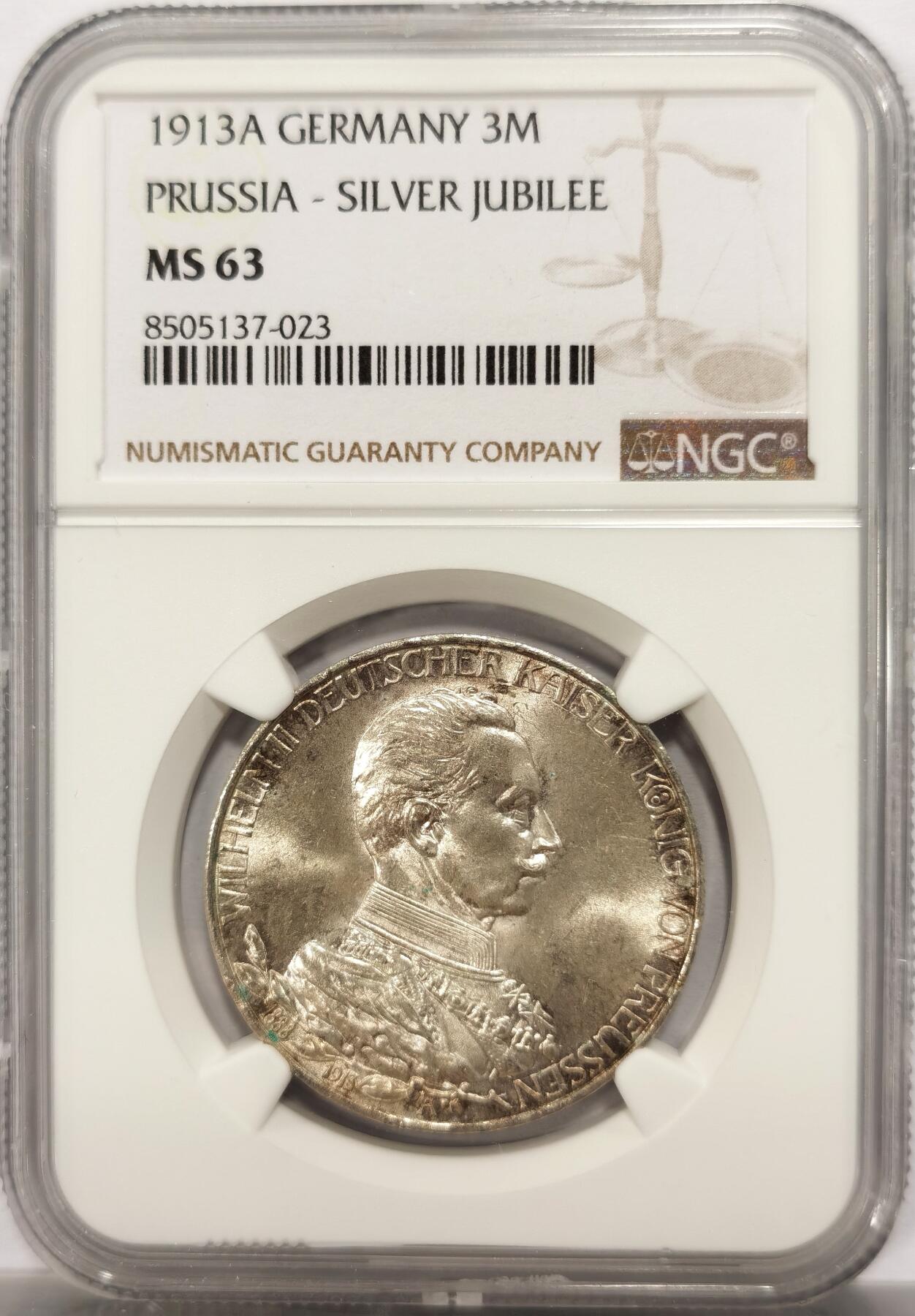 博洋堂德系小专场暨第132期（全场包邮） NGC MS63 德国普鲁士1913年威廉二世花枝3马克银币 光感强