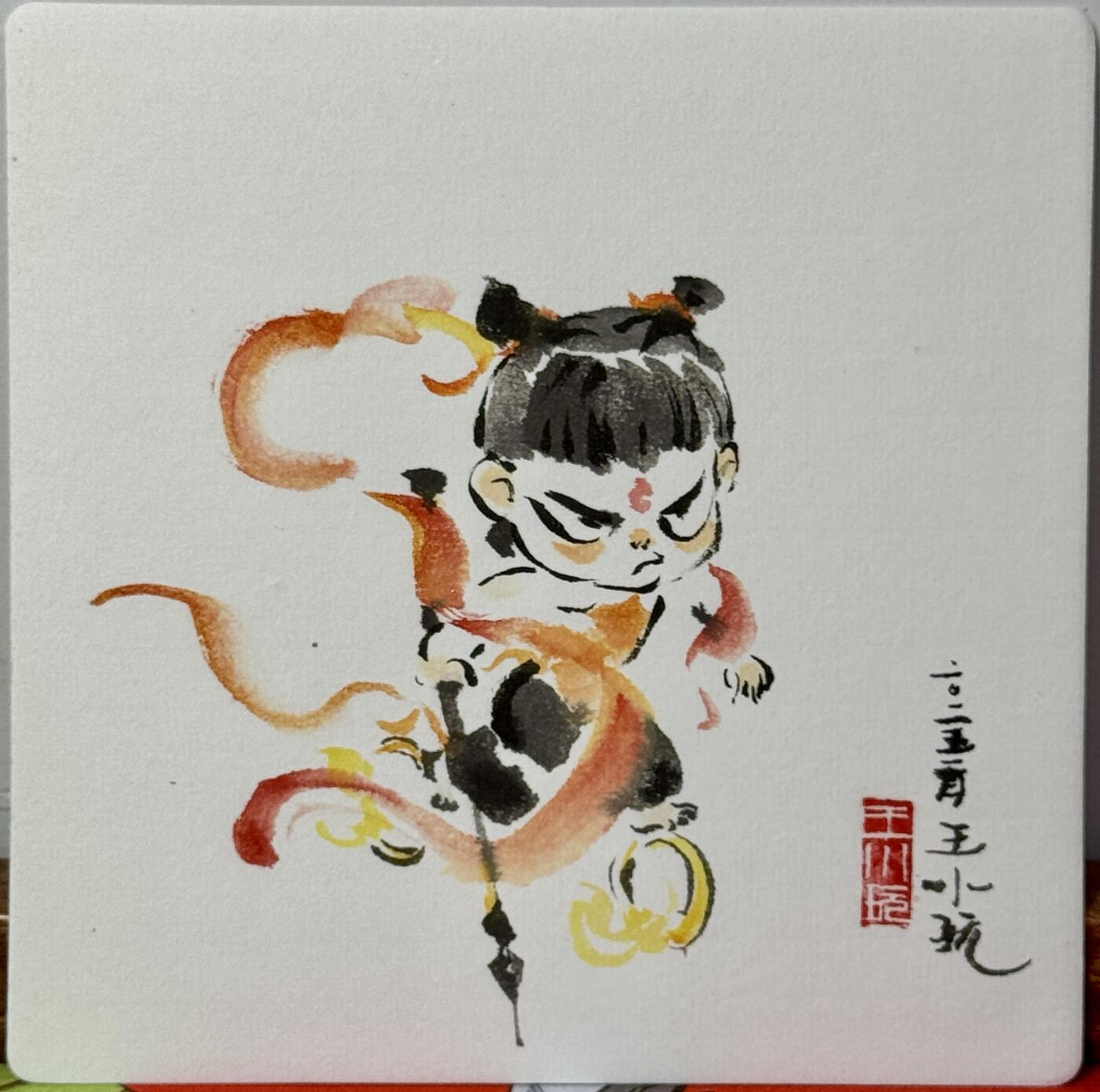 白泽拍卖卡牌手绘专场第21期（七月将残暑未收， 晚凉庭院独登楼） 2025 王小玩手绘画 哪吒2 尺寸：14cm*14cm