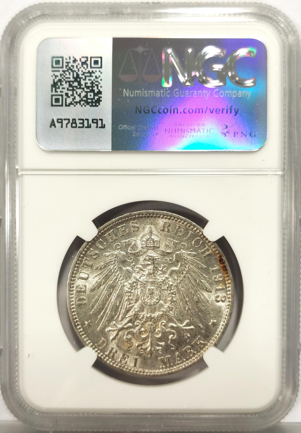 博洋堂德系小专场暨第132期（全场包邮） NGC MS61 德国汉堡1913年3马克银币