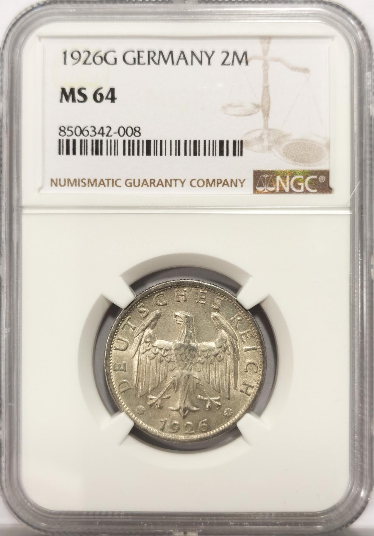 博洋堂德系小专场暨第132期（全场包邮） NGC MS64 少见G厂 亚军分！魏玛德国1926年2马克银币