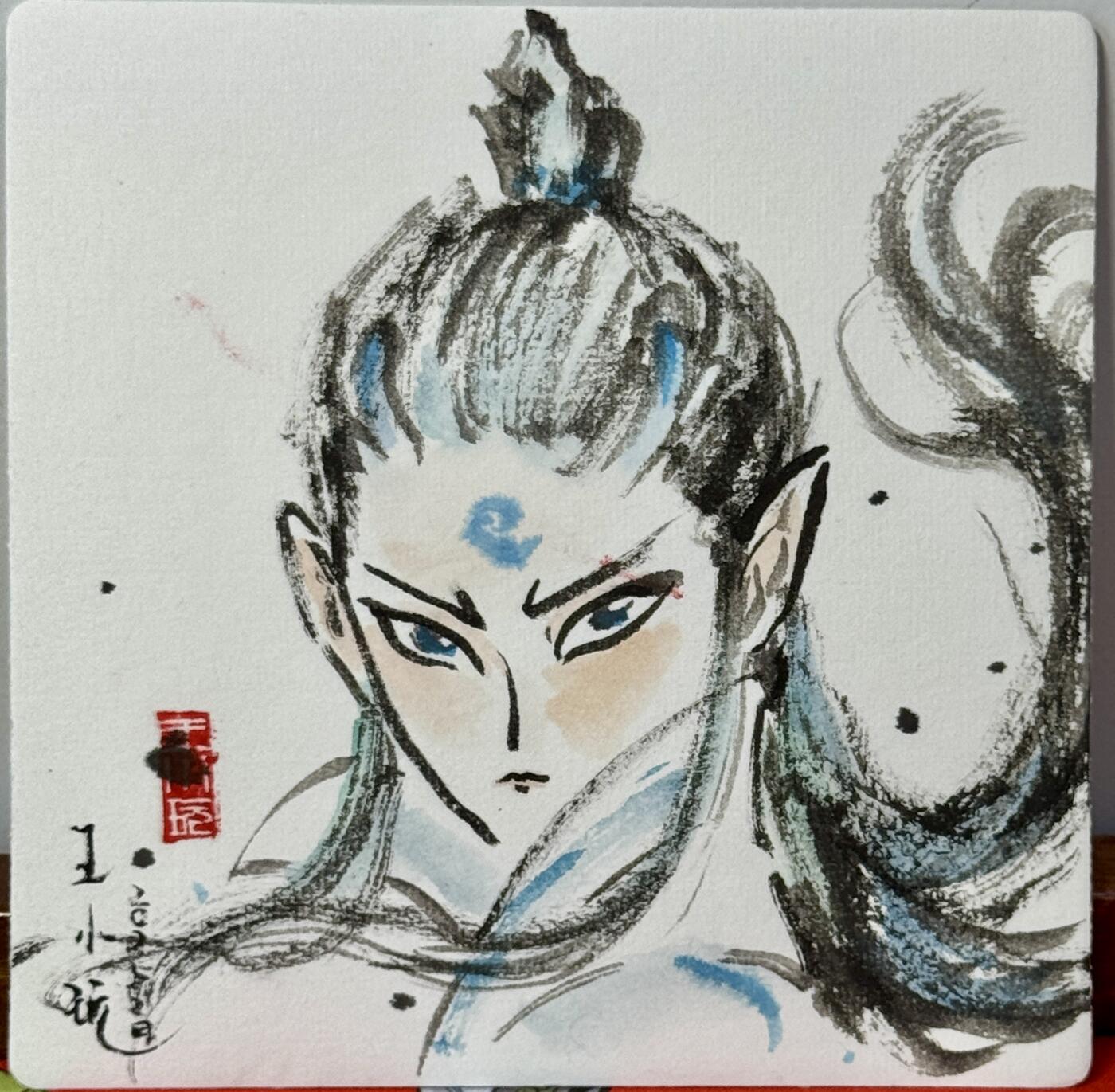 白泽拍卖卡牌手绘专场第21期（七月将残暑未收， 晚凉庭院独登楼） 2025 王小玩手绘画 敖丙 尺寸：14cm*14cm