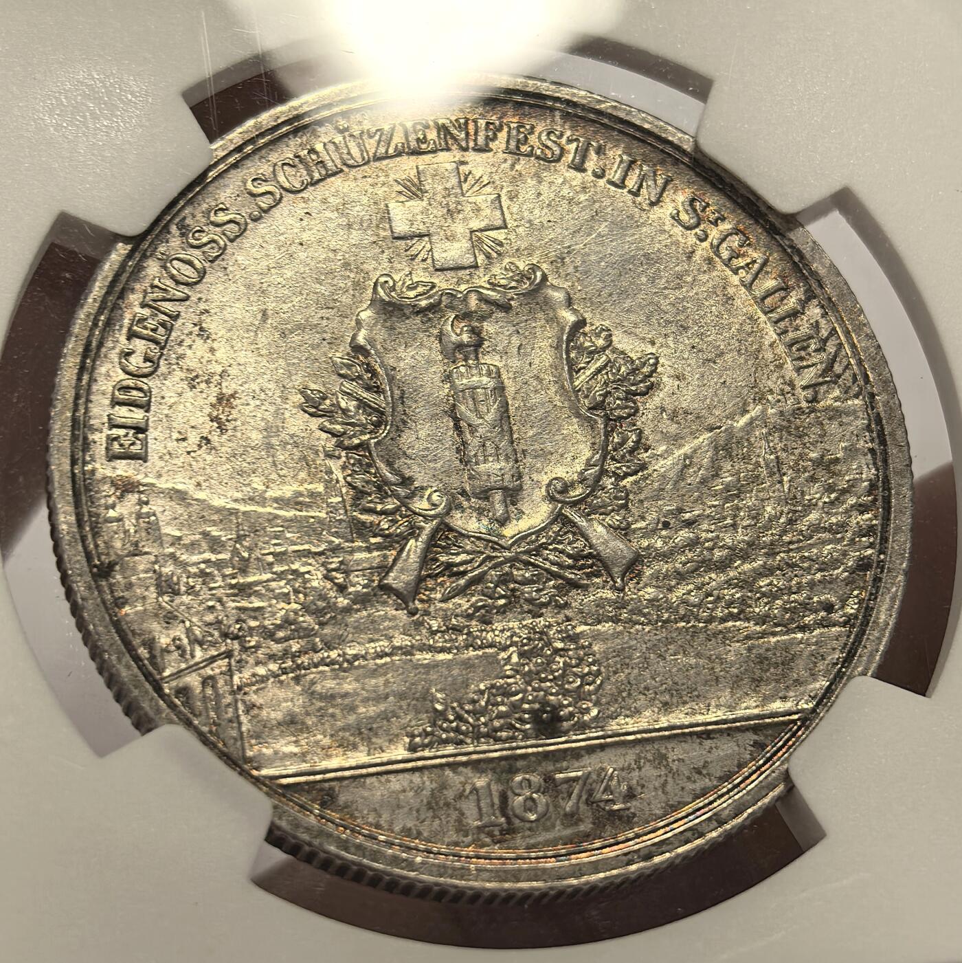 博洋堂德系小专场暨第132期（全场包邮） NGC UNC 瑞士1874年射击节5法郎银币，细节好