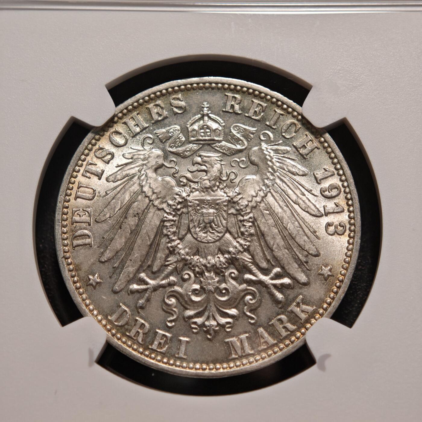 【德藏】世界币章拍卖第139期（拍品征集中~欢迎藏友联系） 1913年 德国符腾堡威廉二世3马克银币 NGC MS64 环彩淡包浆