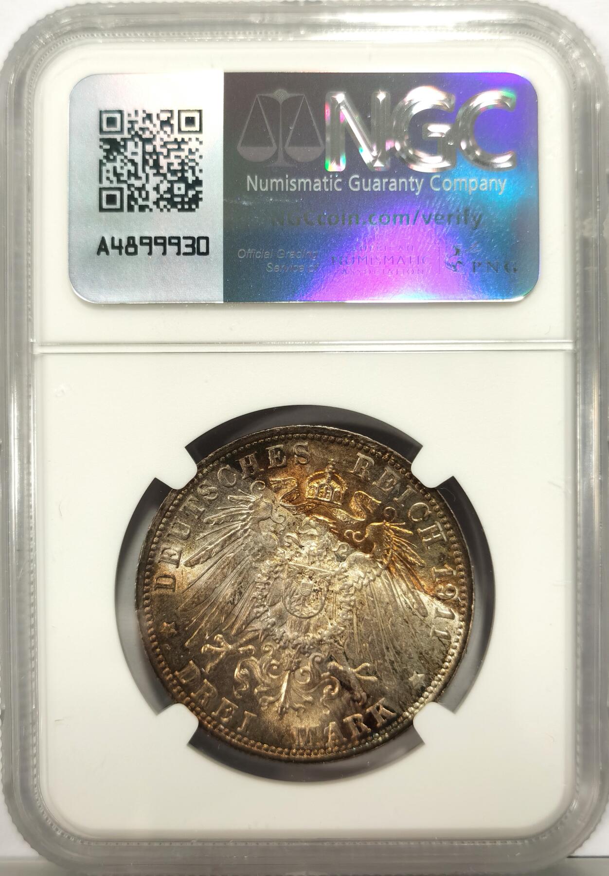 博洋堂德系小专场暨第132期（全场包邮） NGC MS63 德国巴伐利亚1911年柳特波德3马克银币 原光五彩