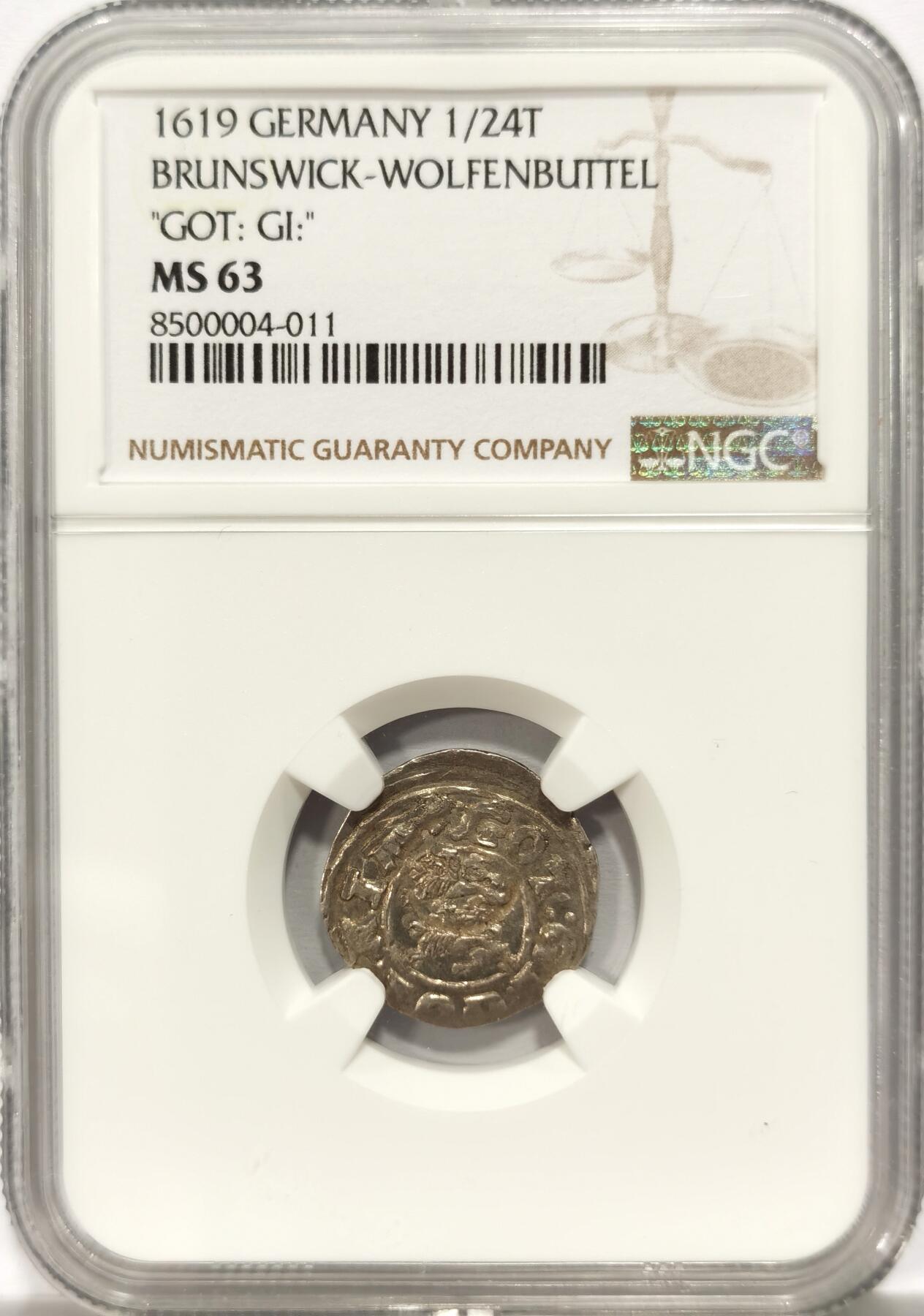 博洋堂德系小专场暨第132期（全场包邮） NGC MS63 唯一冠军分！德国布伦瑞克-沃尔芬比特尔1619年狮子纹章1/24泰勒银币
