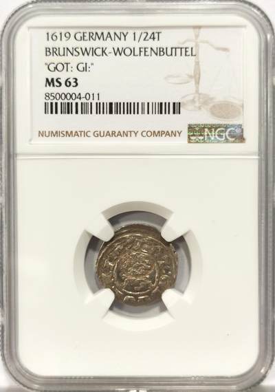 博洋堂德系小专场暨第132期（全场包邮） - NGC MS63 唯一冠军分！德国布伦瑞克-沃尔芬比特尔1619年狮子纹章1/24泰勒银币