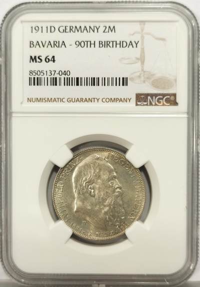 博洋堂德系小专场暨第132期（全场包邮） - NGC MS64 德国巴伐利亚1911年柳特波德2马克银币 干净原光
