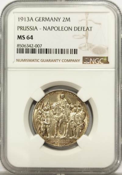 博洋堂德系小专场暨第132期（全场包邮） - NGC MS64 德国普鲁士1913年击败拿破仑2马克纪念银币