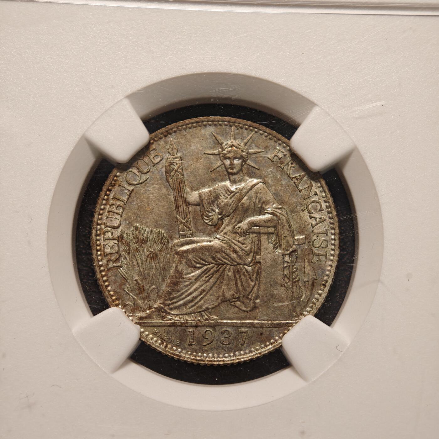 【德藏】世界币章拍卖第139期（拍品征集中~欢迎藏友联系） 1937年 法属印支坐洋20分银币 NGC MS63 状态极佳