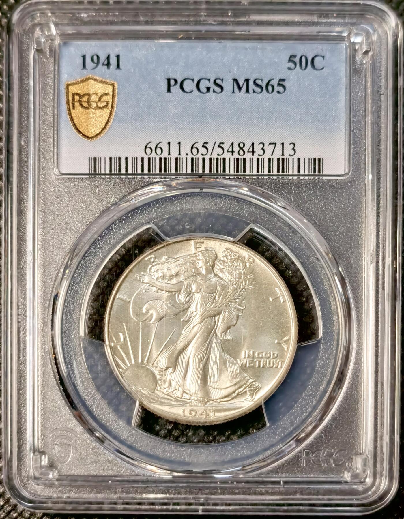  甄臻铺-世界币章拍卖（第26期），送拍享返佣金等优惠多多 PCGS-MS65 美国1941年行走女神50美分，少见高分，流水转光