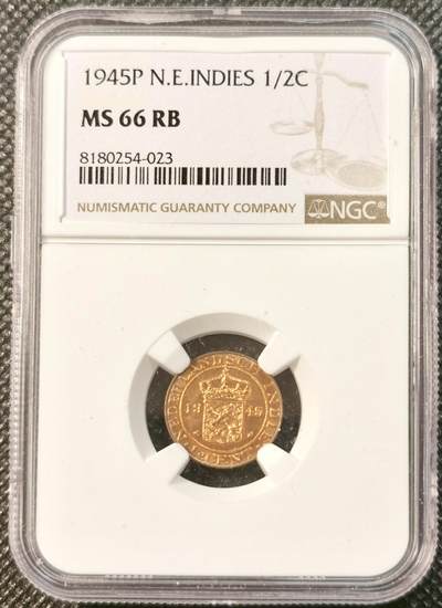  甄臻铺-世界币章拍卖（第26期），送拍享返佣金等优惠多多 - NGC-MS66RB 荷属东印度1945年1/2分，卷拆