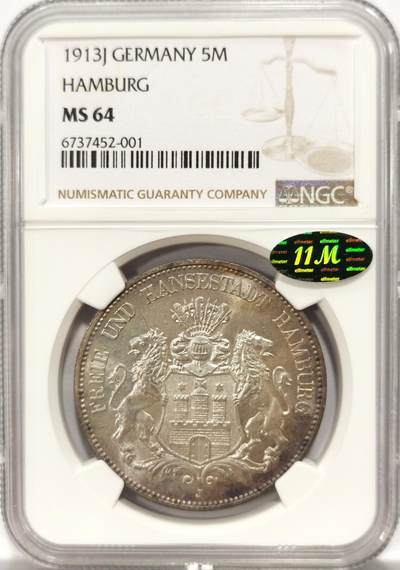 博洋堂德系小专场暨第132期（全场包邮） - NGC MS64 德国汉堡1913年5马克银币，粉嫩原光，高分一步到位