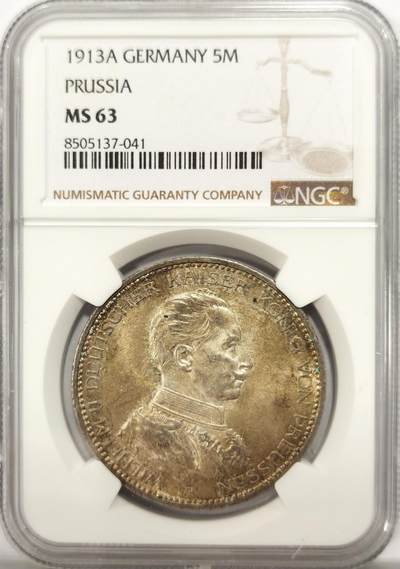 博洋堂德系小专场暨第132期（全场包邮） - NGC MS63 德国普鲁士1913年威廉二世军装5马克银币