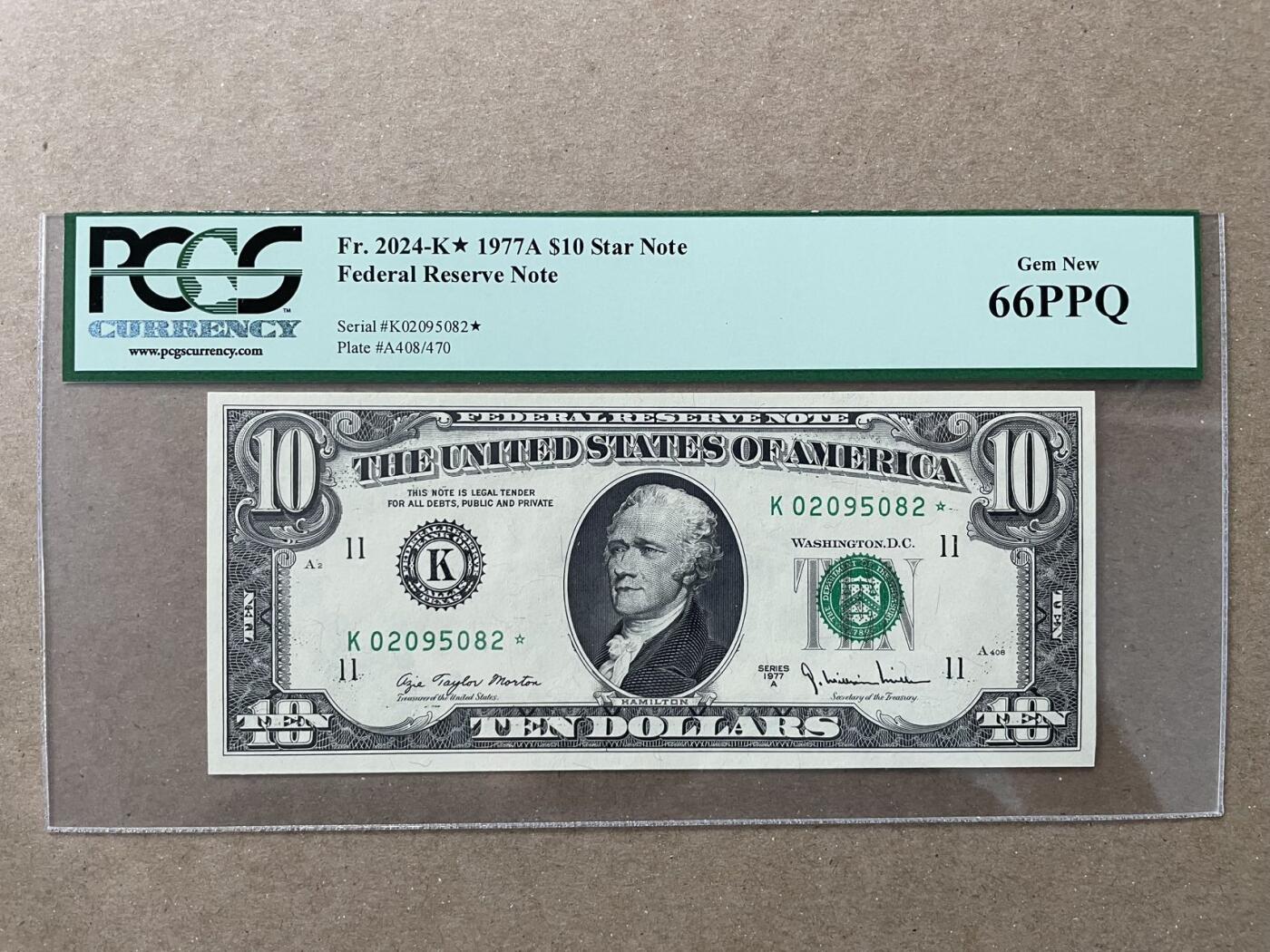 美国1977年A版10美元补号 达拉斯分行发行 PCGS66PPQ K02095082* 