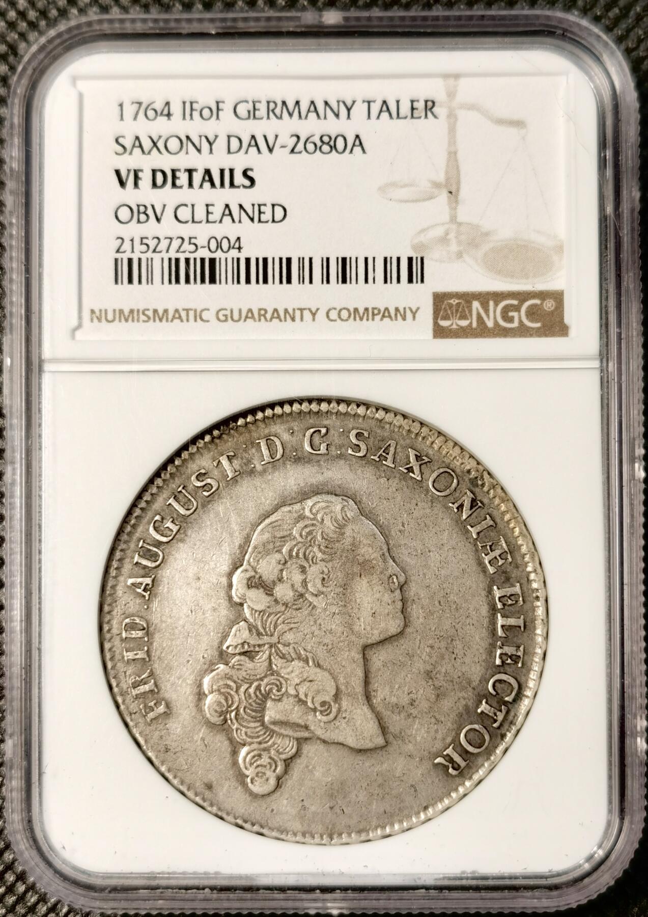  甄臻铺-世界币章拍卖（第26期），送拍享返佣金等优惠多多 NGC-VFD 1764德国萨克森，奥古斯特三世，年轻头像皇冠大泰勒，少见好玩的品种