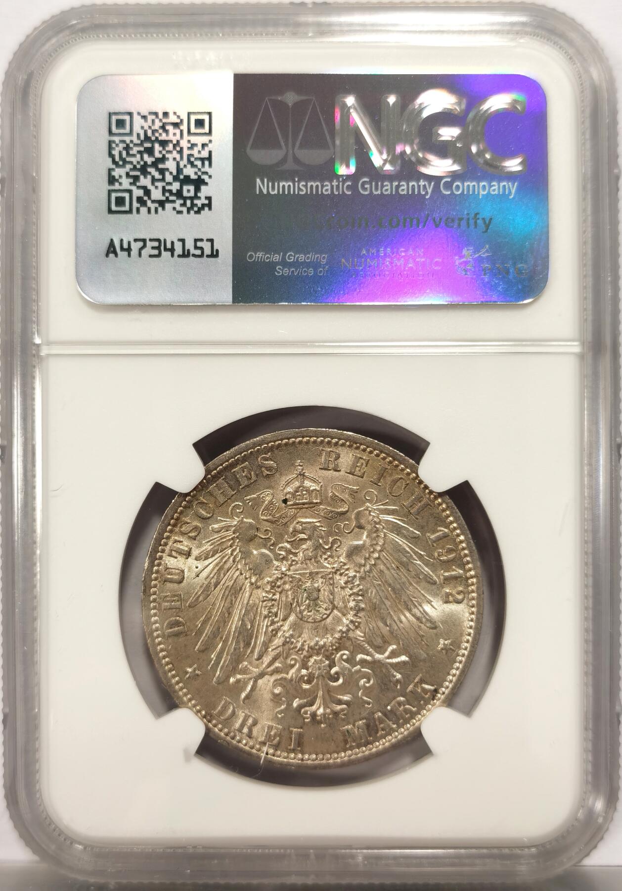 博洋堂德系小专场暨第132期（全场包邮） NGC MS62 德国普鲁士1912年威廉二世3马克银币 淡彩原光