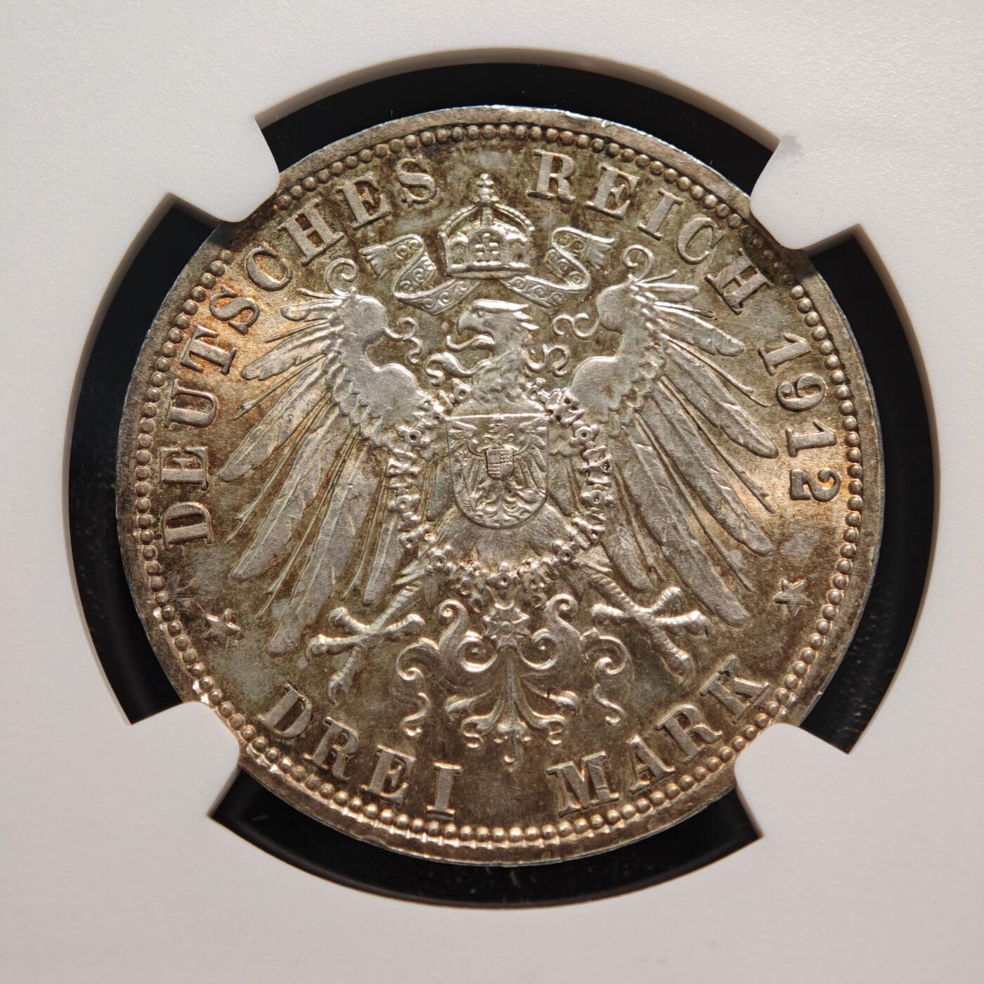 【德藏】世界币章拍卖第139期（拍品征集中~欢迎藏友联系） 1912年 德国普鲁士威廉二世3马克银币 NGC MS63 环彩包浆